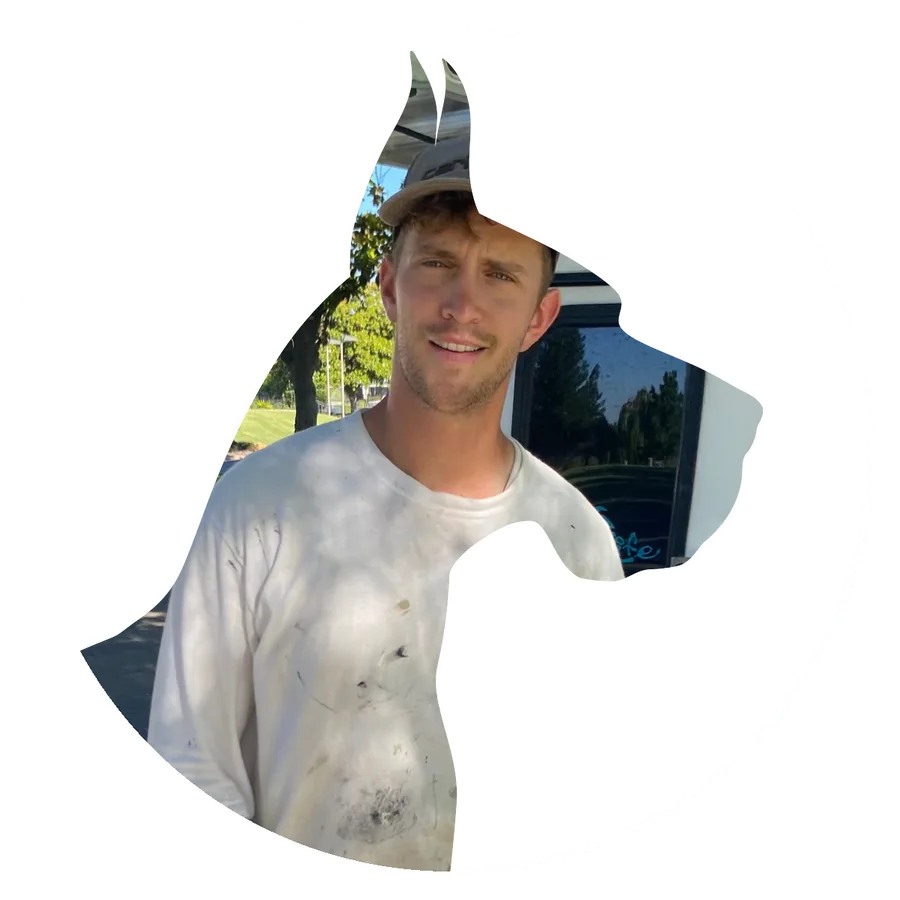 A Great Dane painter in a paint-splattered shirt by the work van, seen through the Great Dane logo